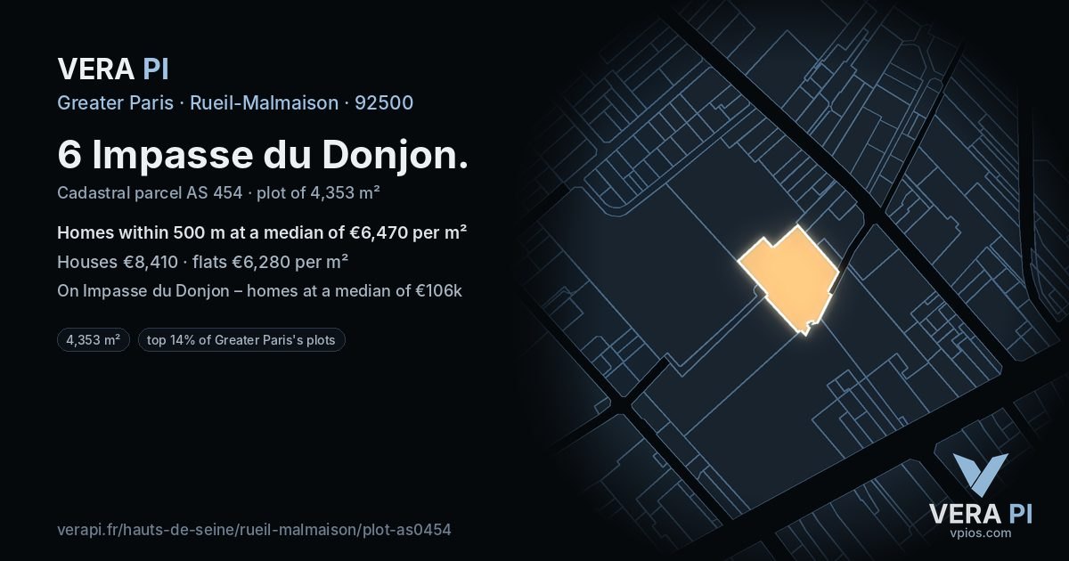6 Impasse du Donjon, Rueil-Malmaison at night – the plot lit, the parcels around coloured by the prices near them