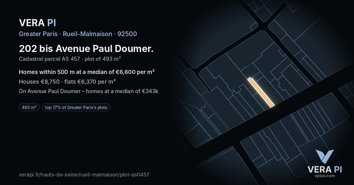 202 bis Avenue Paul Doumer, Rueil-Malmaison at night – the plot lit, the parcels around coloured by the prices near them