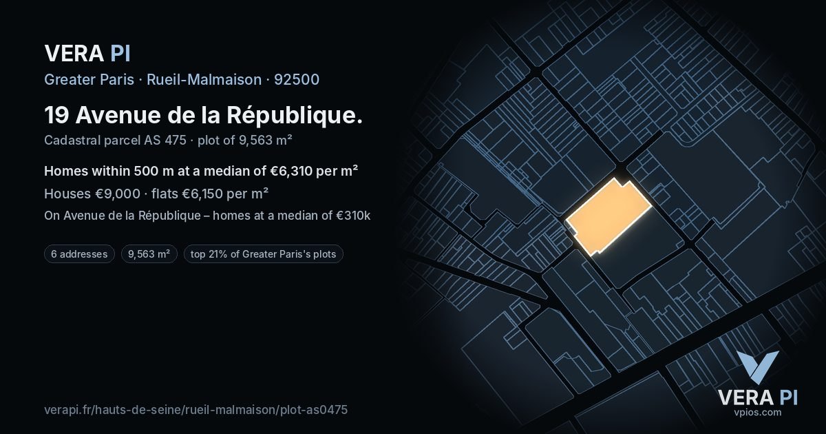 19 Avenue de la République, Rueil-Malmaison at night – the plot lit, the parcels around coloured by the prices near them