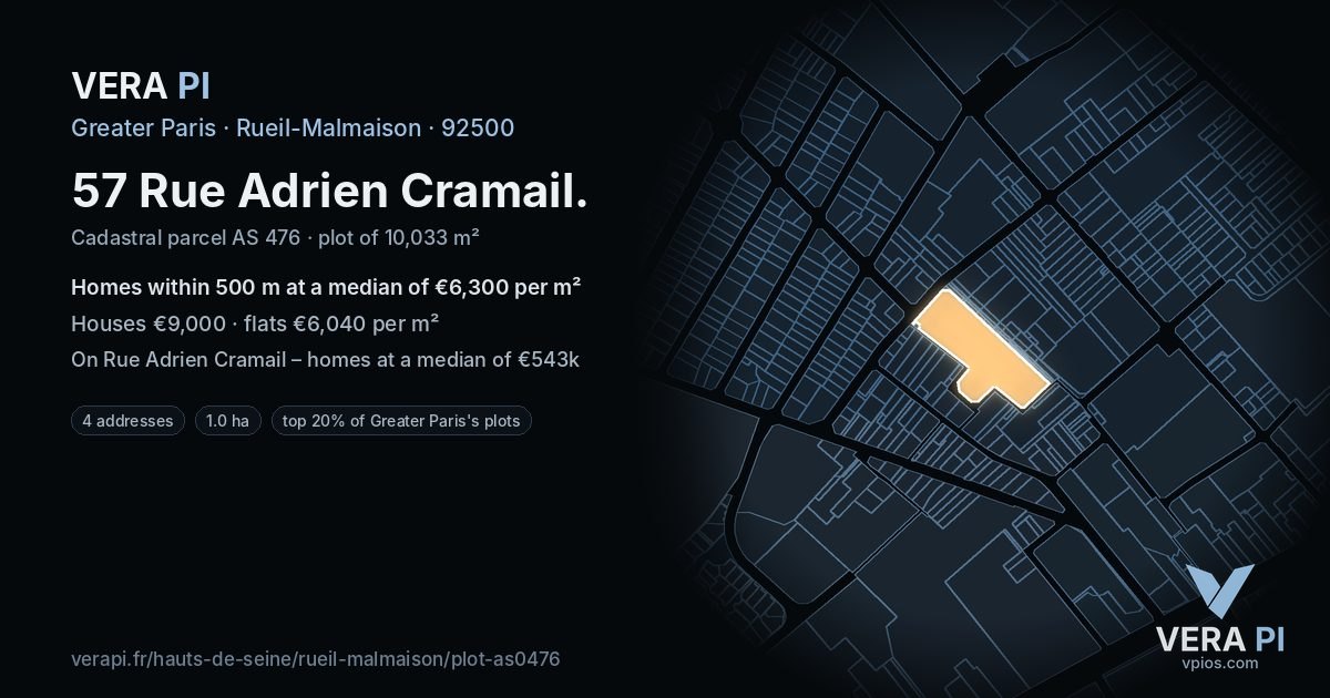 57 Rue Adrien Cramail, Rueil-Malmaison at night – the plot lit, the parcels around coloured by the prices near them