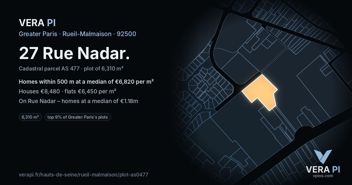 27 Rue Nadar, Rueil-Malmaison at night – the plot lit, the parcels around coloured by the prices near them
