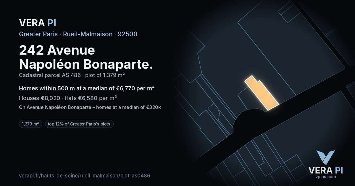 242 Avenue Napoléon Bonaparte, Rueil-Malmaison at night – the plot lit, the parcels around coloured by the prices near them