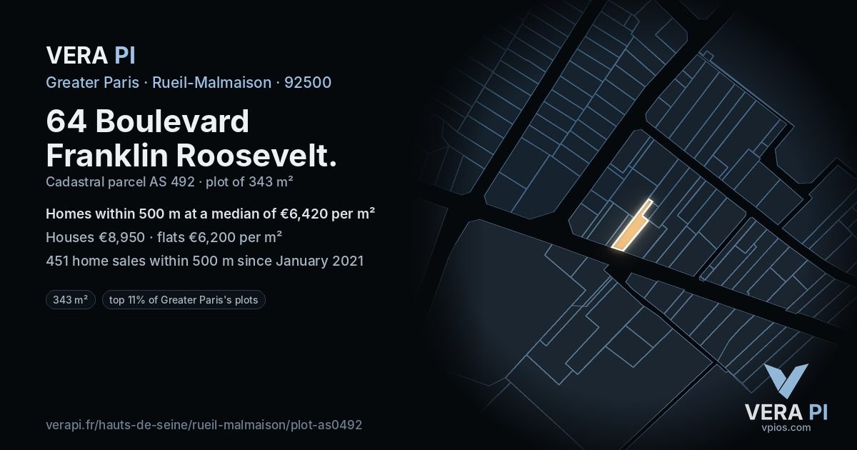 64 Boulevard Franklin Roosevelt, Rueil-Malmaison at night – the plot lit, the parcels around coloured by the prices near them