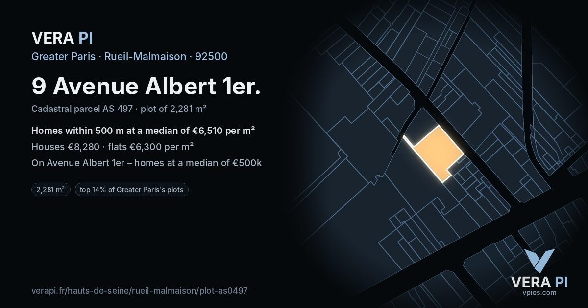 9 Avenue Albert 1er, Rueil-Malmaison at night – the plot lit, the parcels around coloured by the prices near them