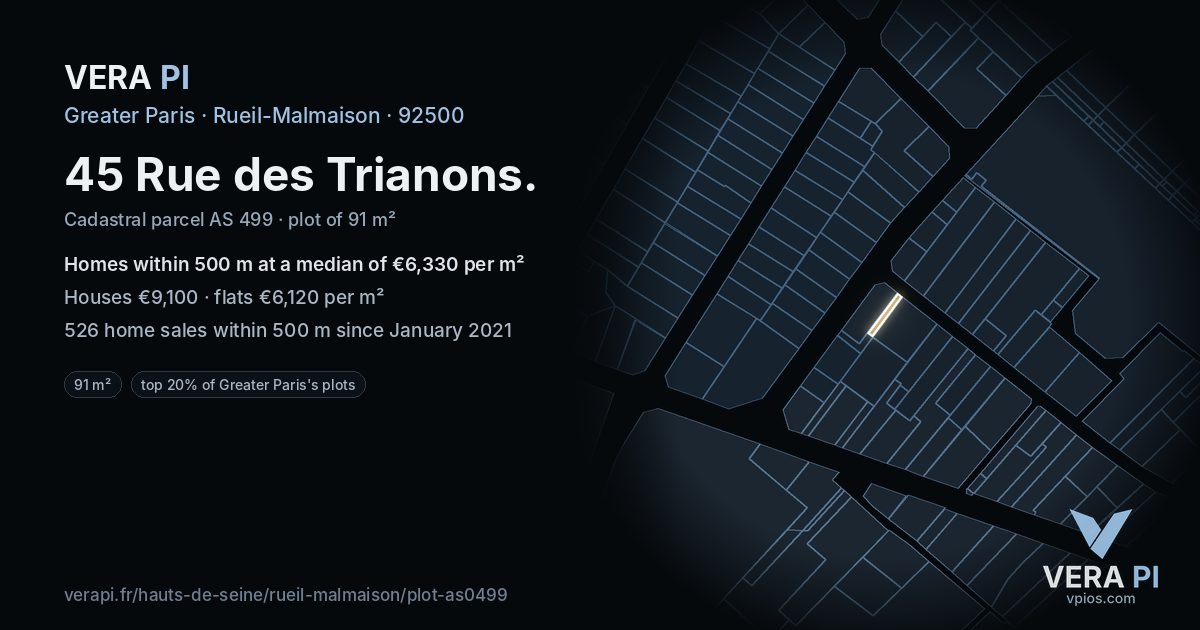 45 Rue des Trianons, Rueil-Malmaison at night – the plot lit, the parcels around coloured by the prices near them