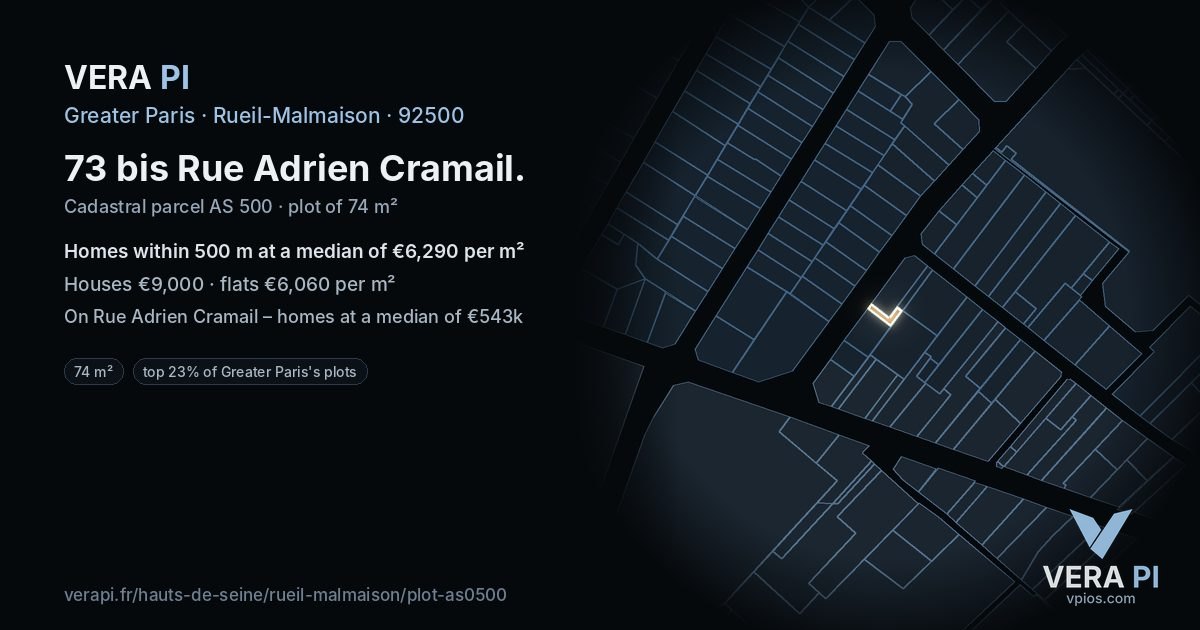 73 bis Rue Adrien Cramail, Rueil-Malmaison at night – the plot lit, the parcels around coloured by the prices near them