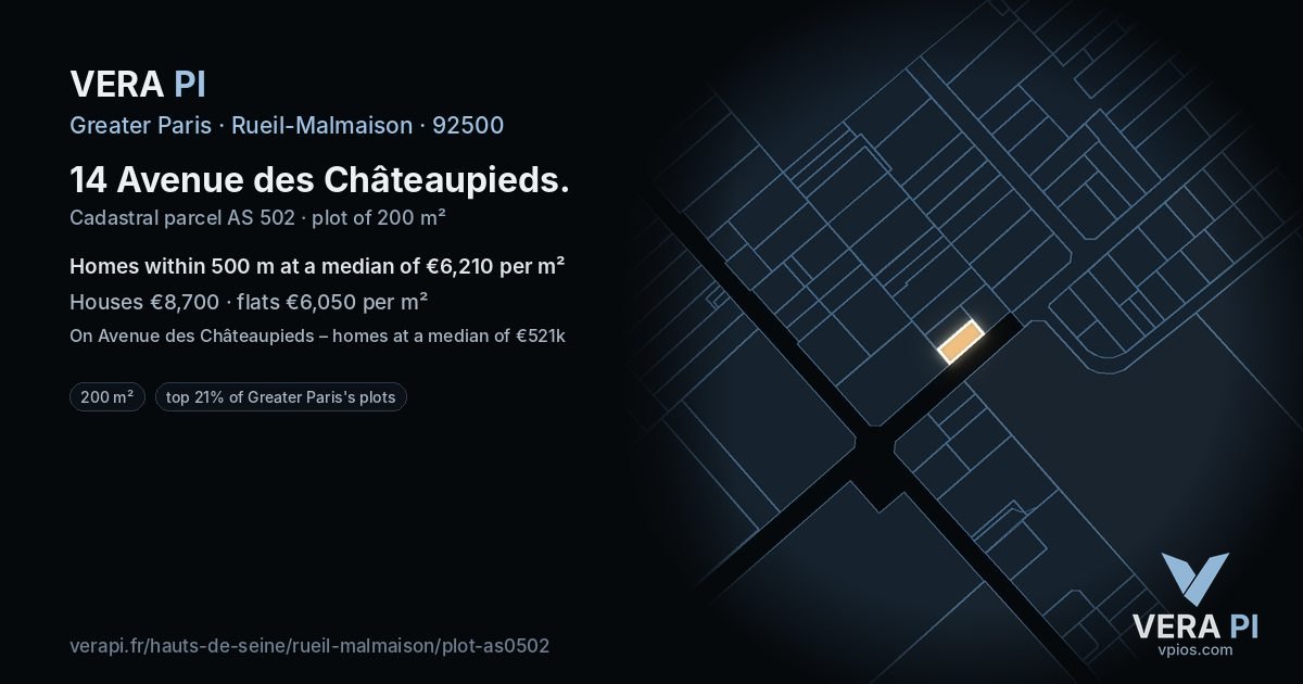 14 Avenue des Châteaupieds, Rueil-Malmaison at night – the plot lit, the parcels around coloured by the prices near them