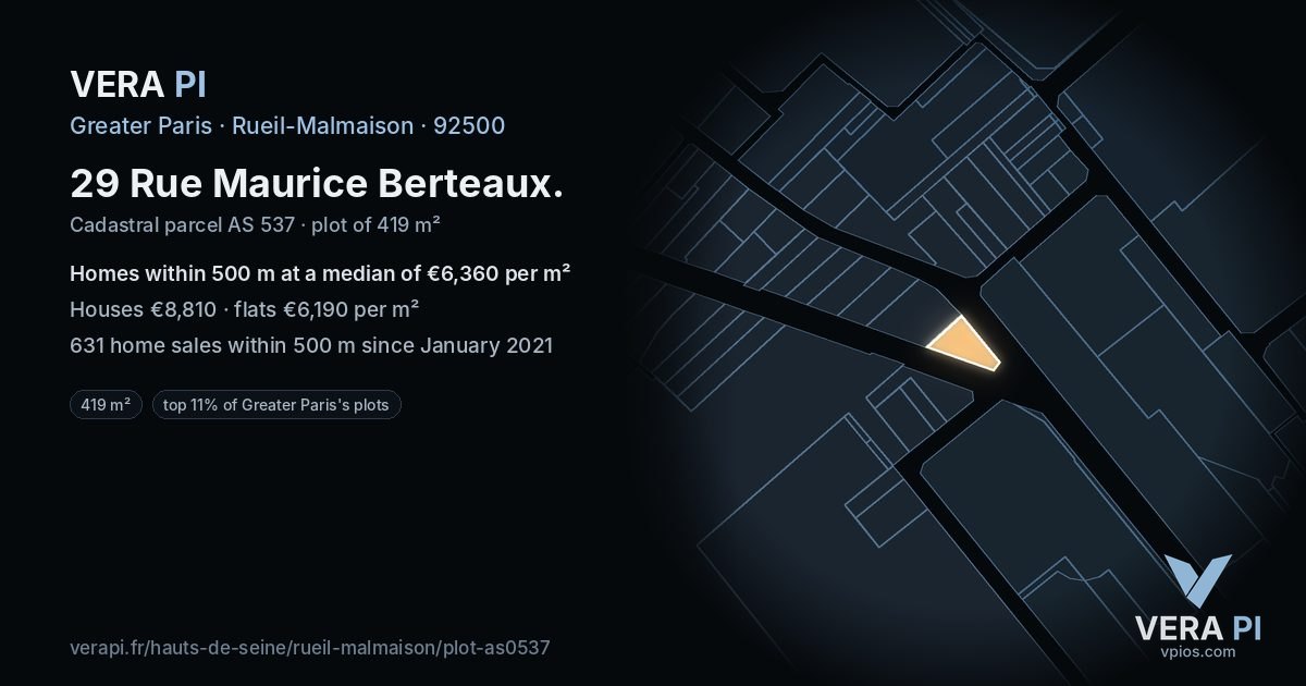29 Rue Maurice Berteaux, Rueil-Malmaison at night – the plot lit, the parcels around coloured by the prices near them