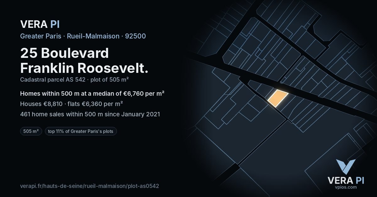 25 Boulevard Franklin Roosevelt, Rueil-Malmaison at night – the plot lit, the parcels around coloured by the prices near them