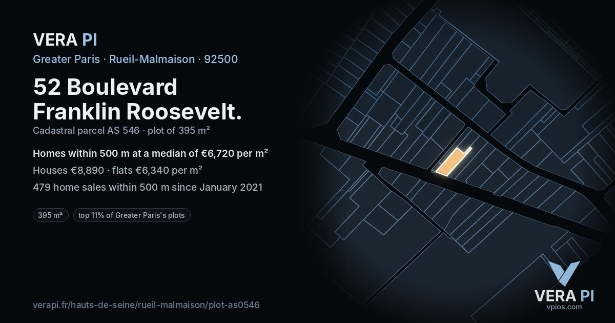 52 Boulevard Franklin Roosevelt, Rueil-Malmaison at night – the plot lit, the parcels around coloured by the prices near them