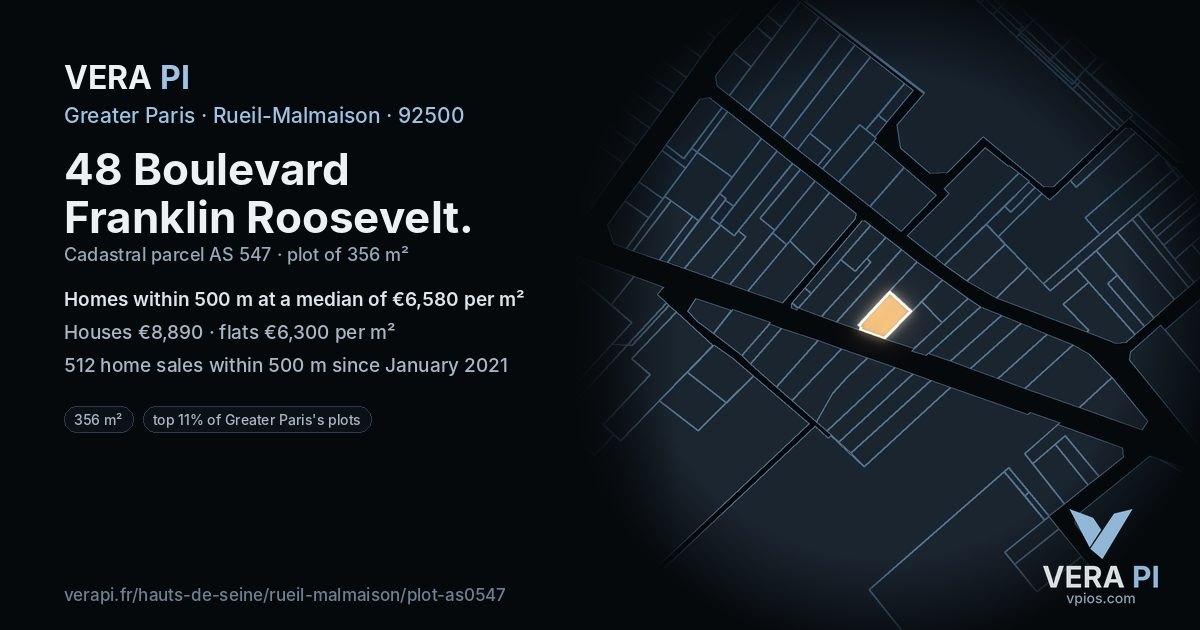 48 Boulevard Franklin Roosevelt, Rueil-Malmaison at night – the plot lit, the parcels around coloured by the prices near them
