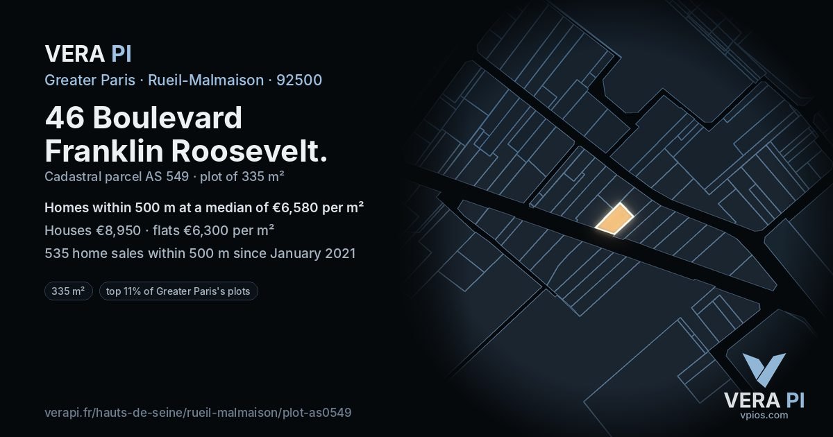46 Boulevard Franklin Roosevelt, Rueil-Malmaison at night – the plot lit, the parcels around coloured by the prices near them