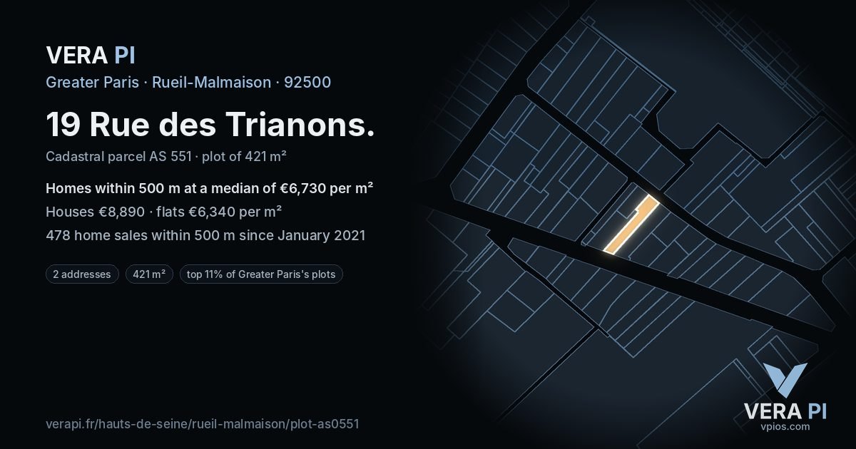 19 Rue des Trianons, Rueil-Malmaison at night – the plot lit, the parcels around coloured by the prices near them