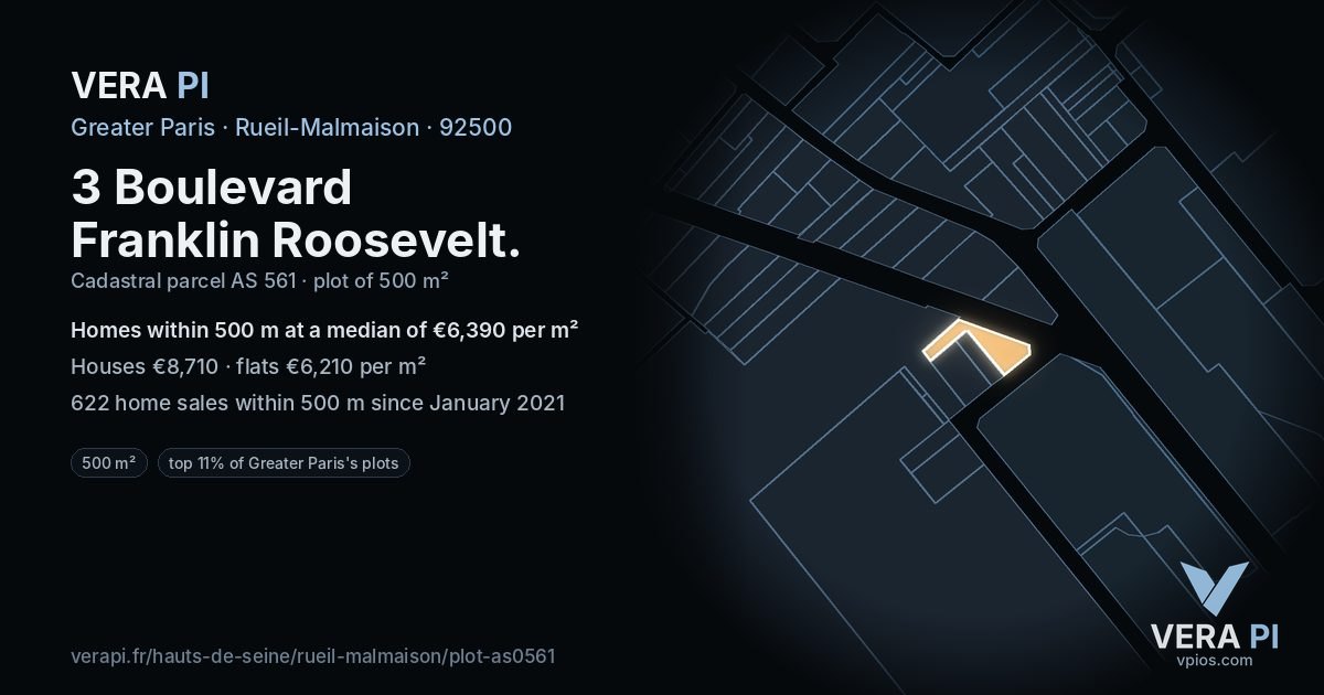 3 Boulevard Franklin Roosevelt, Rueil-Malmaison at night – the plot lit, the parcels around coloured by the prices near them