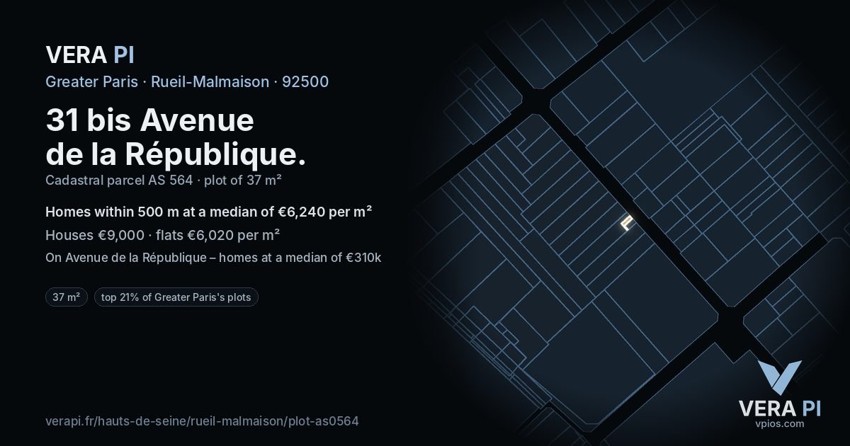 31 bis Avenue de la République, Rueil-Malmaison at night – the plot lit, the parcels around coloured by the prices near them