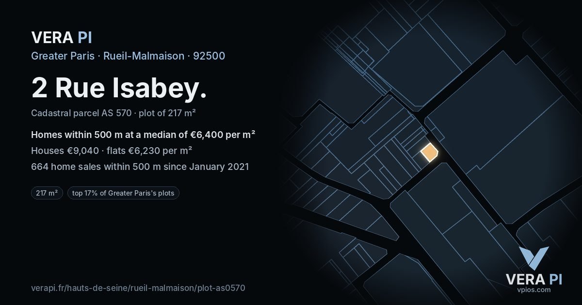 2 Rue Isabey, Rueil-Malmaison at night – the plot lit, the parcels around coloured by the prices near them