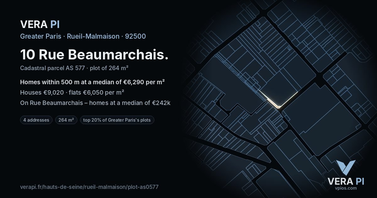 10 Rue Beaumarchais, Rueil-Malmaison at night – the plot lit, the parcels around coloured by the prices near them