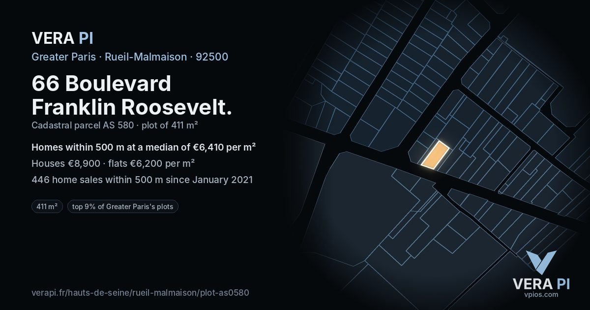 66 Boulevard Franklin Roosevelt, Rueil-Malmaison at night – the plot lit, the parcels around coloured by the prices near them
