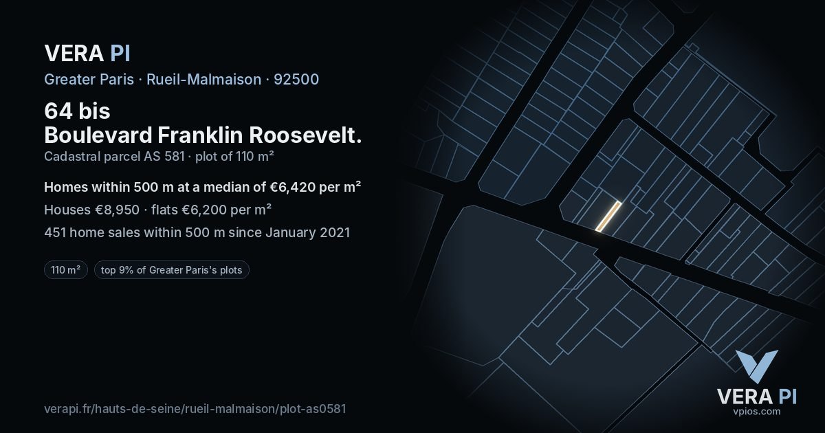 64 bis Boulevard Franklin Roosevelt, Rueil-Malmaison at night – the plot lit, the parcels around coloured by the prices near them