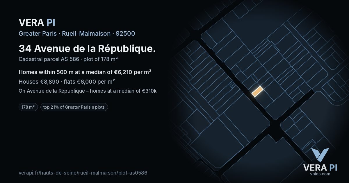 34 Avenue de la République, Rueil-Malmaison at night – the plot lit, the parcels around coloured by the prices near them