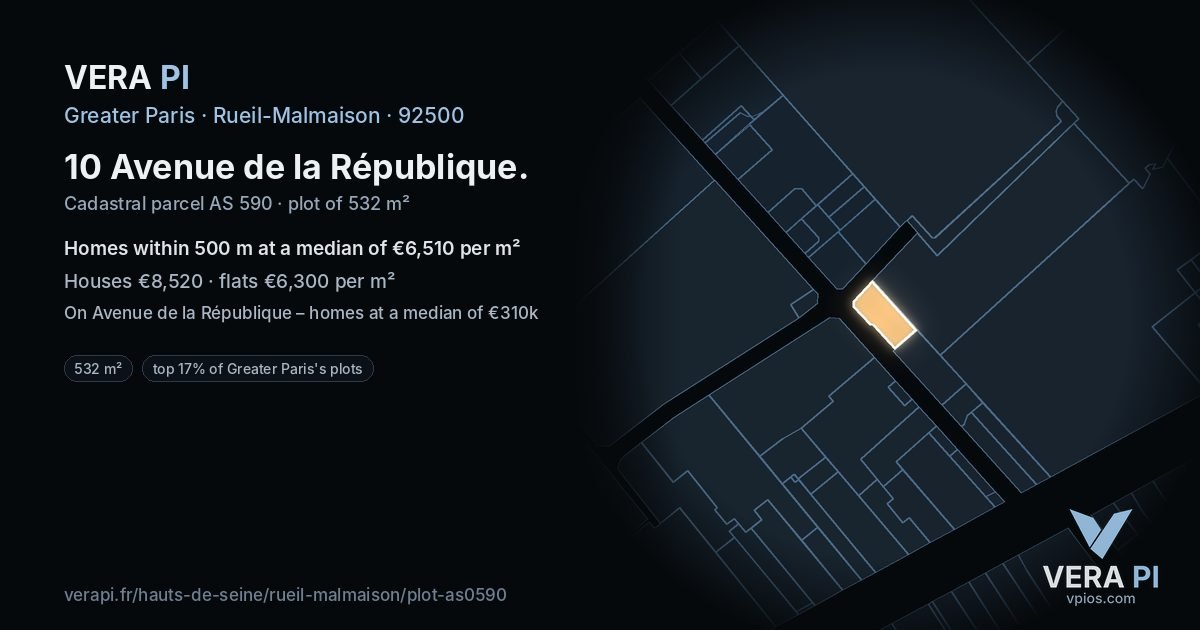 10 Avenue de la République, Rueil-Malmaison at night – the plot lit, the parcels around coloured by the prices near them