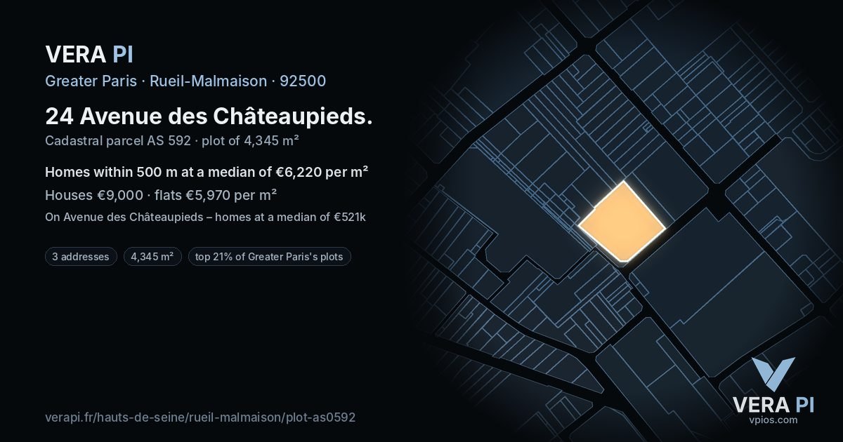 24 Avenue des Châteaupieds, Rueil-Malmaison at night – the plot lit, the parcels around coloured by the prices near them