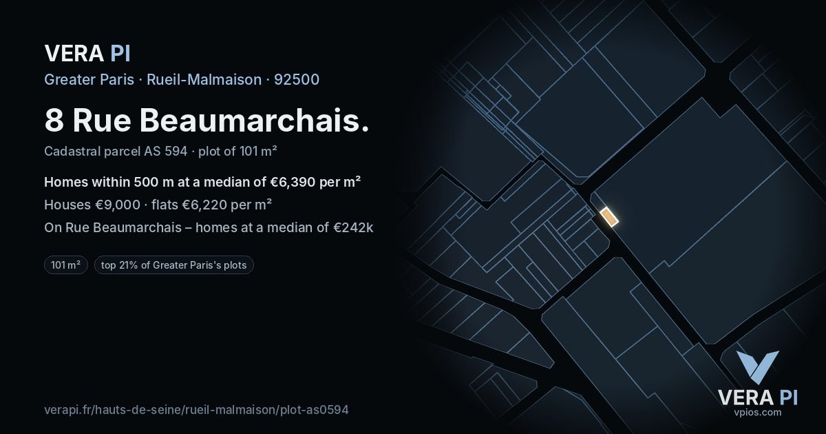 8 Rue Beaumarchais, Rueil-Malmaison at night – the plot lit, the parcels around coloured by the prices near them