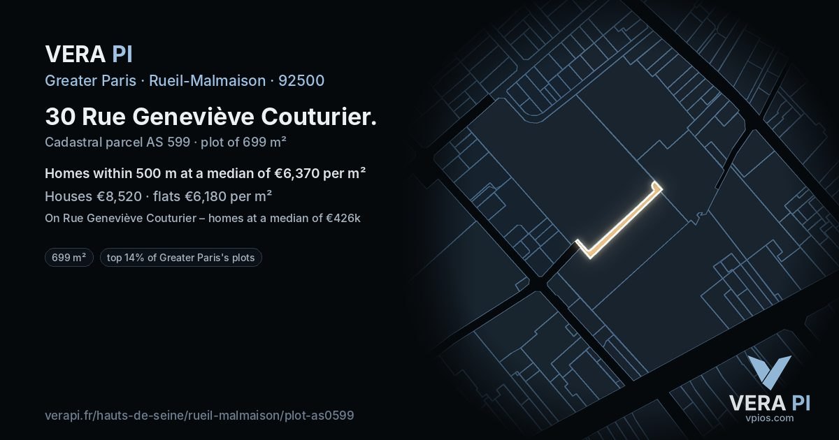 30 Rue Geneviève Couturier, Rueil-Malmaison at night – the plot lit, the parcels around coloured by the prices near them