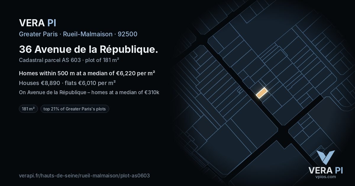 36 Avenue de la République, Rueil-Malmaison at night – the plot lit, the parcels around coloured by the prices near them