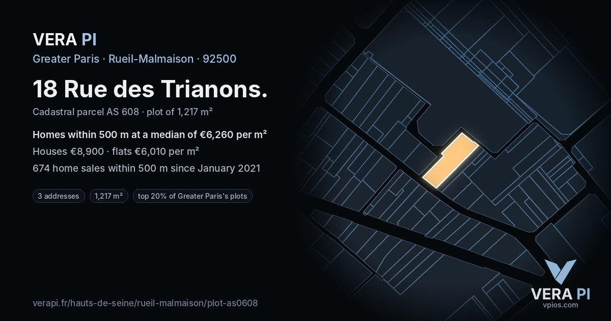 18 Rue des Trianons, Rueil-Malmaison at night – the plot lit, the parcels around coloured by the prices near them