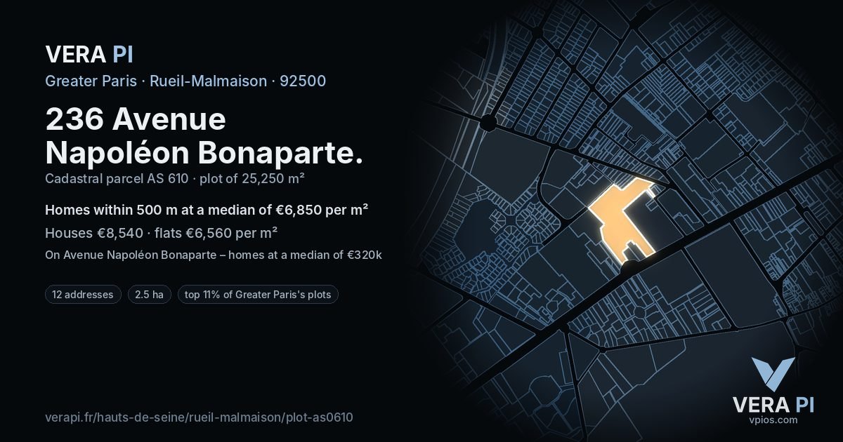 236 Avenue Napoléon Bonaparte, Rueil-Malmaison at night – the plot lit, the parcels around coloured by the prices near them