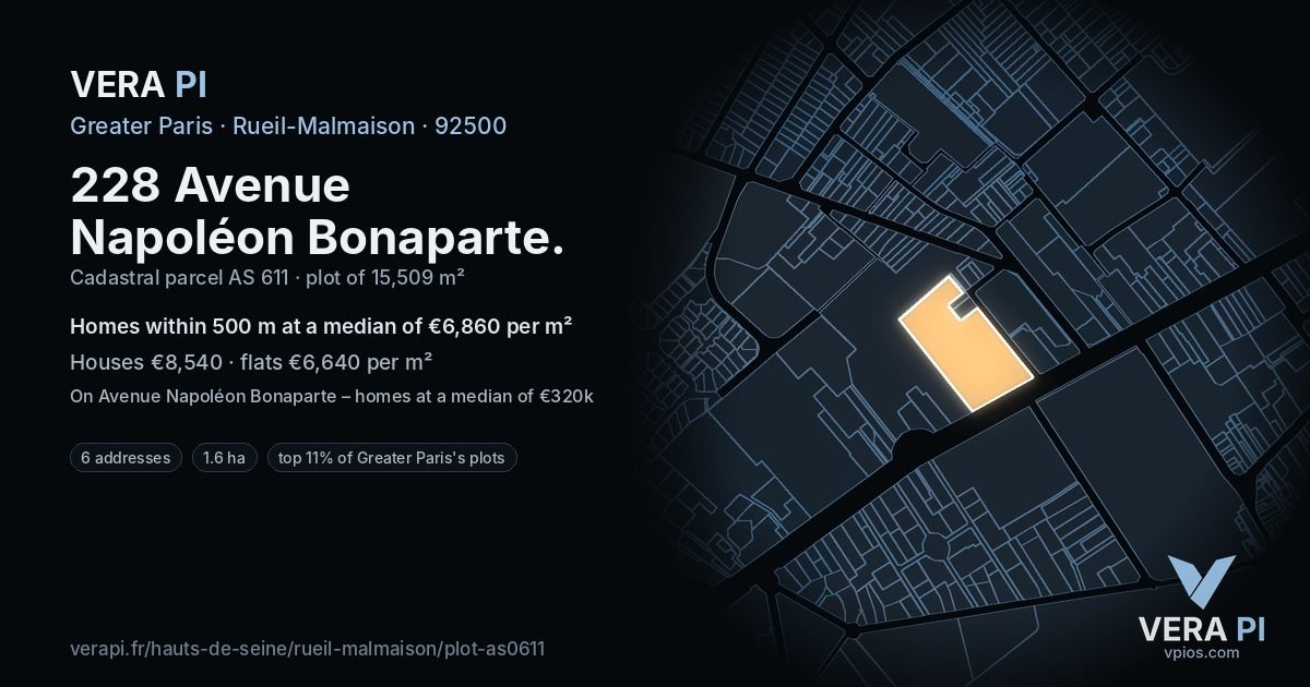 228 Avenue Napoléon Bonaparte, Rueil-Malmaison at night – the plot lit, the parcels around coloured by the prices near them