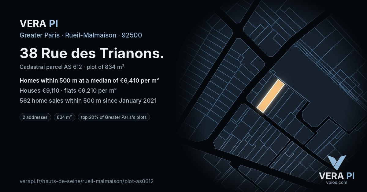 38 Rue des Trianons, Rueil-Malmaison at night – the plot lit, the parcels around coloured by the prices near them
