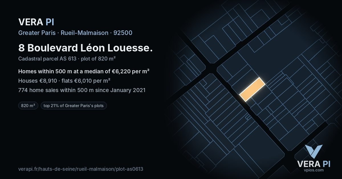 8 Boulevard Léon Louesse, Rueil-Malmaison at night – the plot lit, the parcels around coloured by the prices near them