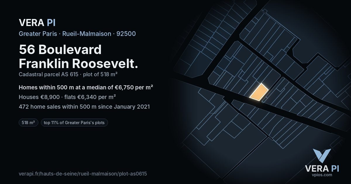 56 Boulevard Franklin Roosevelt, Rueil-Malmaison at night – the plot lit, the parcels around coloured by the prices near them