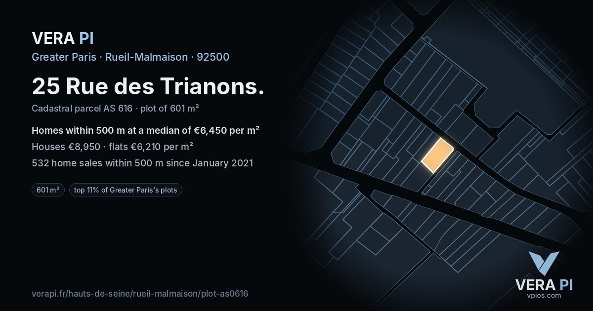 25 Rue des Trianons, Rueil-Malmaison at night – the plot lit, the parcels around coloured by the prices near them