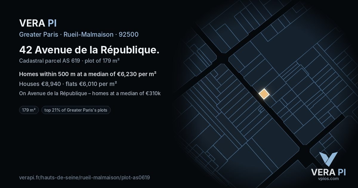 42 Avenue de la République, Rueil-Malmaison at night – the plot lit, the parcels around coloured by the prices near them