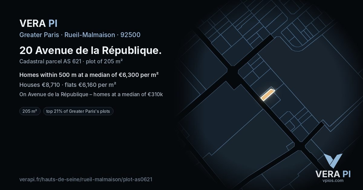 20 Avenue de la République, Rueil-Malmaison at night – the plot lit, the parcels around coloured by the prices near them