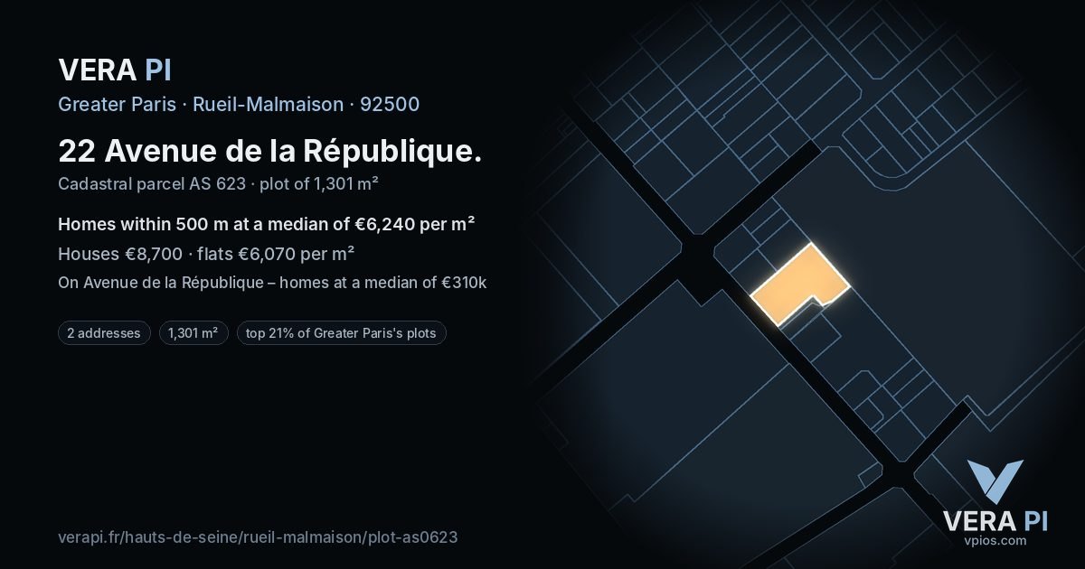 22 Avenue de la République, Rueil-Malmaison at night – the plot lit, the parcels around coloured by the prices near them