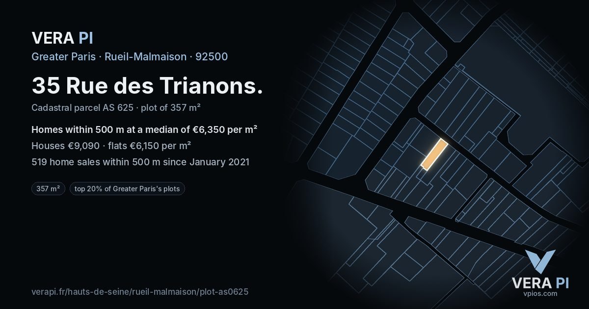 35 Rue des Trianons, Rueil-Malmaison at night – the plot lit, the parcels around coloured by the prices near them