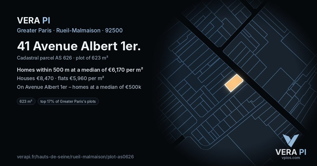 41 Avenue Albert 1er, Rueil-Malmaison at night – the plot lit, the parcels around coloured by the prices near them