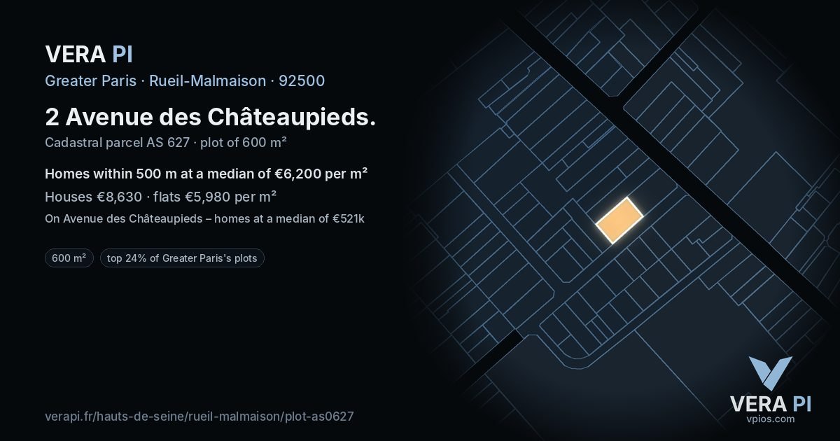 2 Avenue des Châteaupieds, Rueil-Malmaison at night – the plot lit, the parcels around coloured by the prices near them