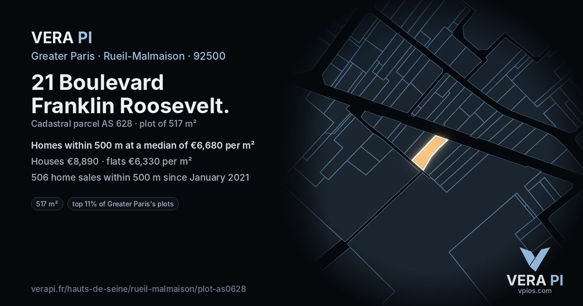 21 Boulevard Franklin Roosevelt, Rueil-Malmaison at night – the plot lit, the parcels around coloured by the prices near them