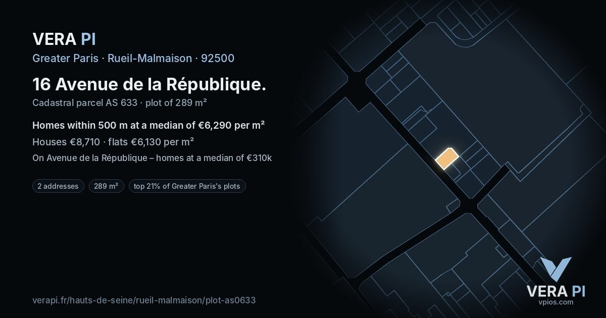 16 Avenue de la République, Rueil-Malmaison at night – the plot lit, the parcels around coloured by the prices near them
