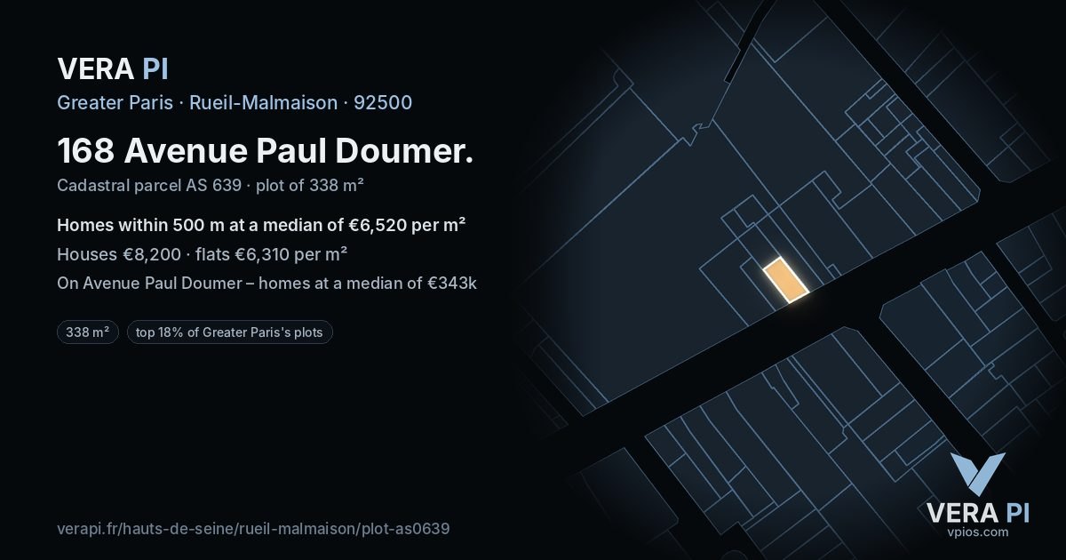 168 Avenue Paul Doumer, Rueil-Malmaison at night – the plot lit, the parcels around coloured by the prices near them