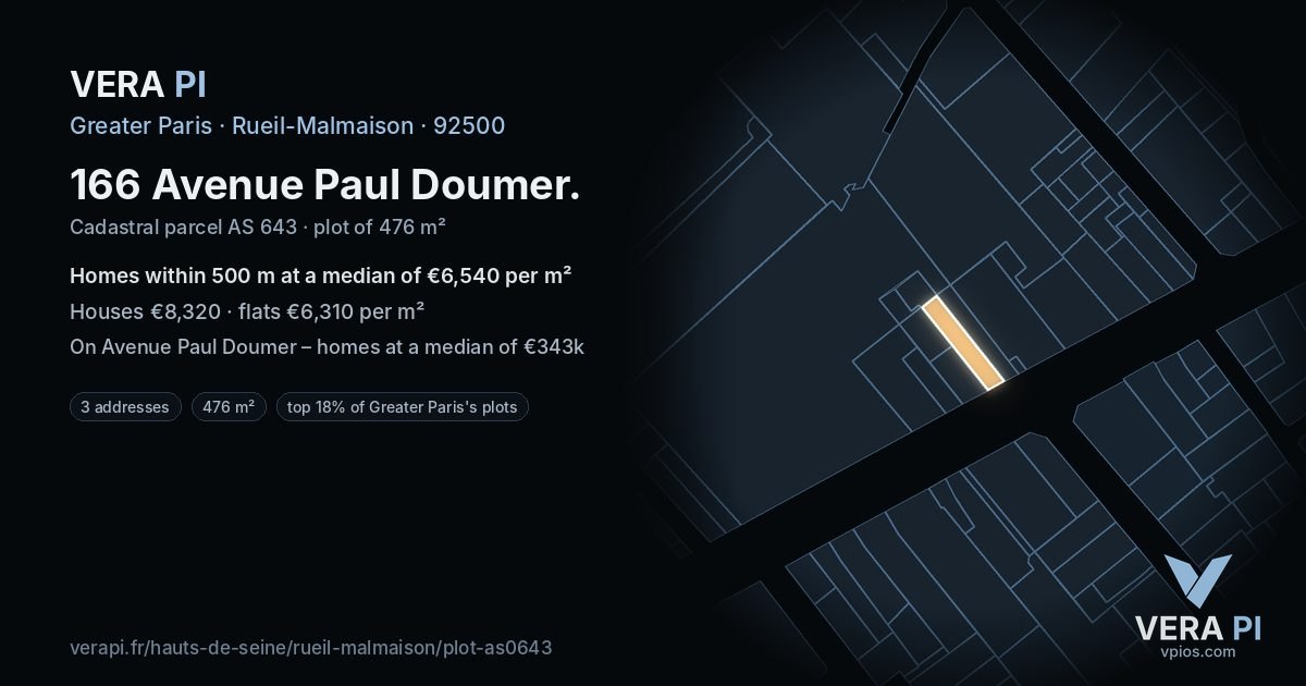 166 Avenue Paul Doumer, Rueil-Malmaison at night – the plot lit, the parcels around coloured by the prices near them