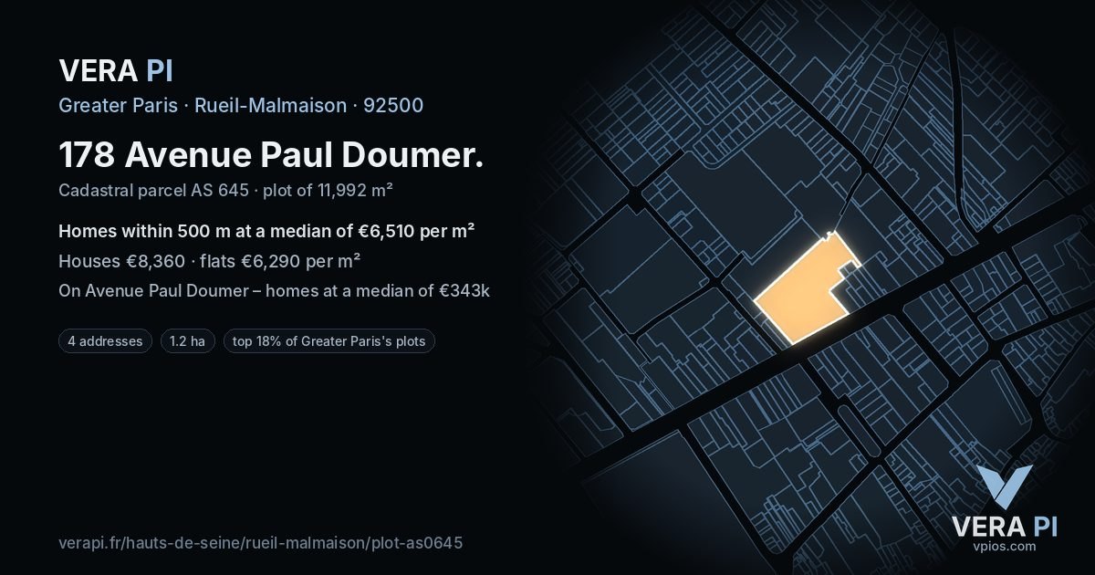178 Avenue Paul Doumer, Rueil-Malmaison at night – the plot lit, the parcels around coloured by the prices near them