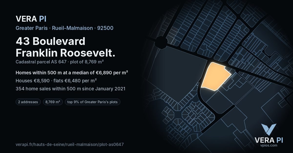 43 Boulevard Franklin Roosevelt, Rueil-Malmaison at night – the plot lit, the parcels around coloured by the prices near them