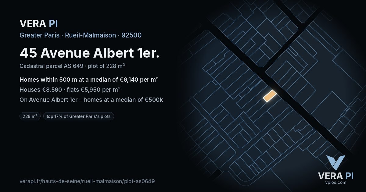 45 Avenue Albert 1er, Rueil-Malmaison at night – the plot lit, the parcels around coloured by the prices near them