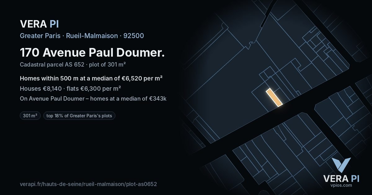 170 Avenue Paul Doumer, Rueil-Malmaison at night – the plot lit, the parcels around coloured by the prices near them